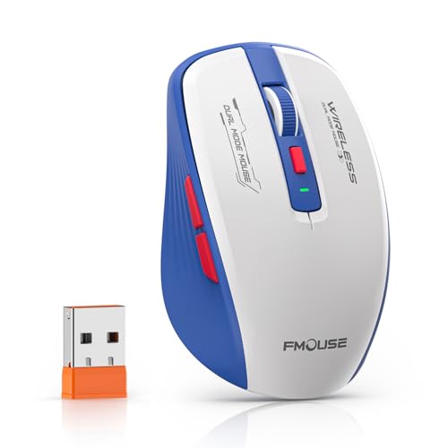 FMOUSE Wireless Mouse, Bluetooth & 2.4GHz Dual Mode, No Charging Needed (AA Battery), Silent Click, Side Shortcut Keys, 4-Level DPI, Compact for MacBook Laptop iPad PC – Blue & White - color: White-Grey and Blue