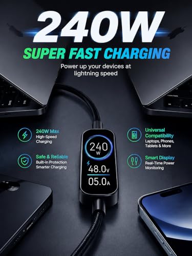 LITO 240W USB C to USB C Cable with TFT Touch Screen，PD 3.1 Fast Charge，4FT | TFT Power Meter, Smart LED Indicator, E-Marker, Premium Braided Nylon, for iPhone 17 16 15, MacBook, Laptop, Tablet
