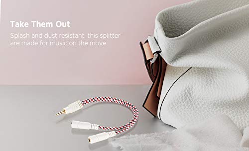 Headphone Splitter, 3.5mm Splitter Cable for Headset [Fine Braided & Gold Plated] Stereo Audio Y Cable AUX Splitter - Compatible for iOS, Android, Smartphones, Tablets & More - (0.85ft/26cm) | Stereo Audio Sound, Dual Headphone and Speaker Jack Adapter, C