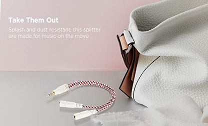 Headphone Splitter, 3.5mm Splitter Cable for Headset [Fine Braided & Gold Plated] Stereo Audio Y Cable AUX Splitter - Compatible for iOS, Android, Smartphones, Tablets & More - (0.85ft/26cm) | Stereo Audio Sound, Dual Headphone and Speaker Jack Adapter, C