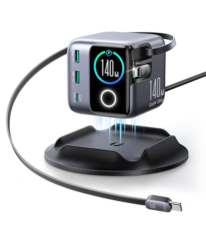 JOYROOM 5-in-1 USB C Charging Station, 140W Ultra-Fast 5-Port Desktop Charger with Dual Retractable 100W USB-C Cables (2.6ft), 1.54” Smart LCD Power Display for MacBook, iPhone, Home & Office