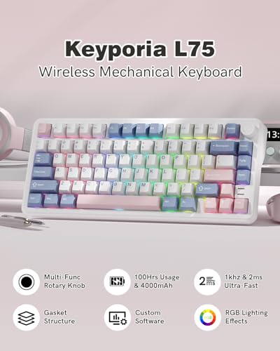 L75 75% Mechanical Keyboard, Wireless Gaming Keyboard with Multifunction Knob, Creamy Gasket Structure, Hot Swap, RGB Backlight, PBT Keycap, Custom Driver, Compact Layout for Win/Mac/PC - color: Pink & Blue