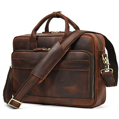 Leather Laptop Bag for Men Briefcase Fits 15.6 Inch Notebook Portable Shoulder Messenger Crossbody Bag for Travel Office - color: Dark Brown