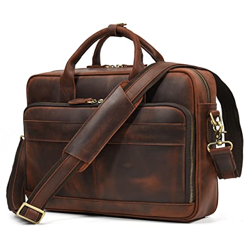 Leather Laptop Bag for Men Briefcase Fits 15.6 Inch Notebook Portable Shoulder Messenger Crossbody Bag for Travel Office - color: Dark Brown