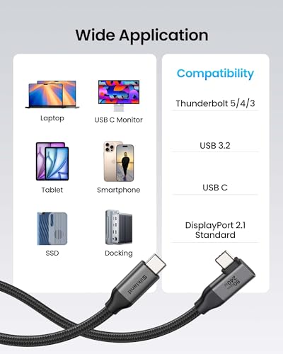 Silkland 80Gbps Right Angle USB 4 Cable for Thunderbolt 5 Cable 6.6FT, 120Gbps Bandwidth for 16K/Dual 8K, 240W, 90 Degree Braided USB C Video Cable Compatible Thunderbolt 4/5, MacBook M4 Pro,Dock - size: 6.6FT