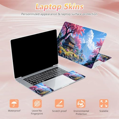 Laptop Skin Sticker Decal 12" 13" 13.3" 14" 15" 15.6",Waterproof Scratch Resistant Vinyl,Reusable Easy to Apply,for MacBook HP Dell Notebooks Netbooks Laptop,2 Wrist Pads,Cherry Blossom House - color: Cherry Blossom House