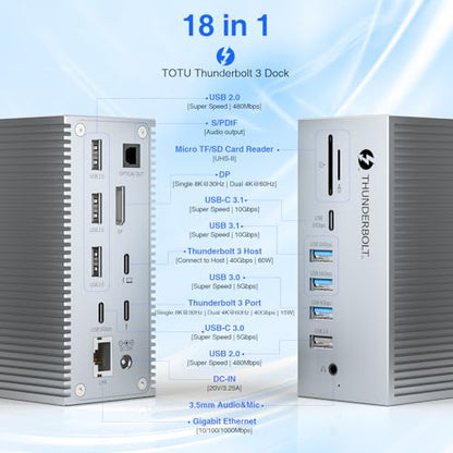 Tiergrade Thunderbolt 3 Dock, 18-in-1 Thunderbolt 3 USB C Docking Station with 8K DP, 1 Gbps Ethernet, USB-A 10Gbps, USB-C 3.2, SD/TF, Audio, Optical Out - size: 18 in 1-8K-10Gbps