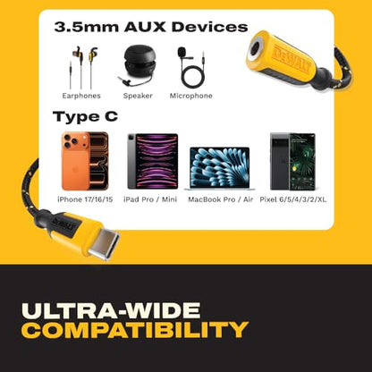 DEWALT Aux to USB C Adapter – 3.5mm to USB C Audio Headphone Jack Dongle with DAC Chip, CTIA Compatible, Kevlar-Reinforced Cable for iPhone 17 16 15, Samsung Galaxy, iPad & MacBook