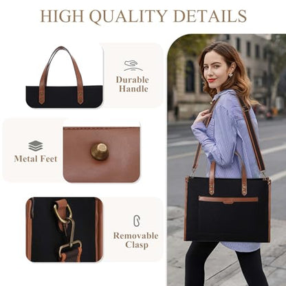 RAVUO Laptop Tote Bag Women, Water Resistant 15.6 Inch Large Canvas Handbag Business Briefcase With Detachable Shoulder Strap - color: Brown With Wallet Purse