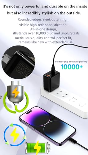 USB C Charger 65W, 3 Ports GaN Fast Charger Block, Compact Foldable Wall Charger with USB-C Cable for iPhone 16 Pro Max, iPad, MacBook Pro/Air,Galaxy S24,Dell XPS 13,Pixel 8 and More (Black) - color: Black