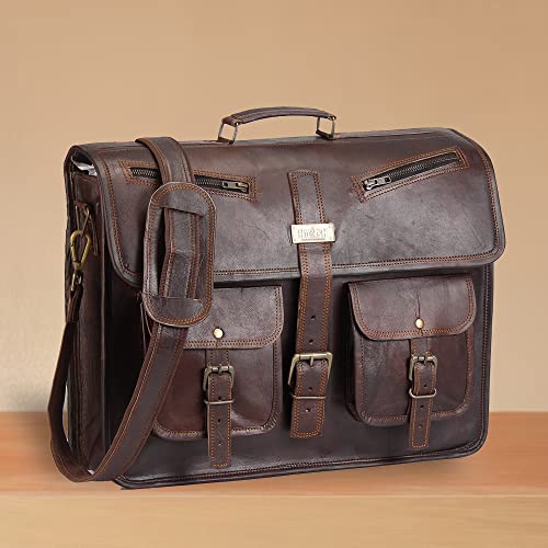 Leather Messenger Bag for Men and Women 18 Inch | Best Laptop Briefcase Satchel Computer Bag with Adjustable Strap - color: Brown