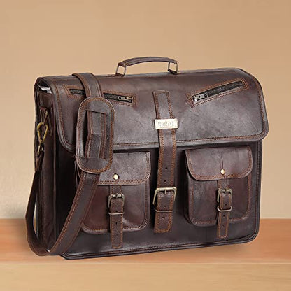 Leather Messenger Bag for Men and Women 18 Inch | Best Laptop Briefcase Satchel Computer Bag with Adjustable Strap - color: Brown