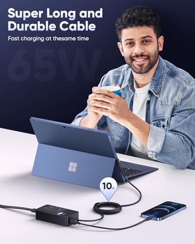 65W Microsoft Surface Pro Laptop Charger for Surface Pro 11,10,9,8,7,7+6,5,4,3,X, Windows Surface Laptop 7,6,5,4,3,2,1,Studio i5, Surface Go 1,2,3,4, Tablet, Surface Book 3,2,1,LED, 10FT