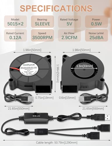 50mm x 15mm USB Blower Fan 5V Variable Speed for Welding Helmet | 2PCS Squirrel Cage Blower Fan DC Brushless Turbo Small Computer Case Fan for Cooling 3D Printer Costume Thin Client CPU Modem - size: 2x 50mm x 15mm