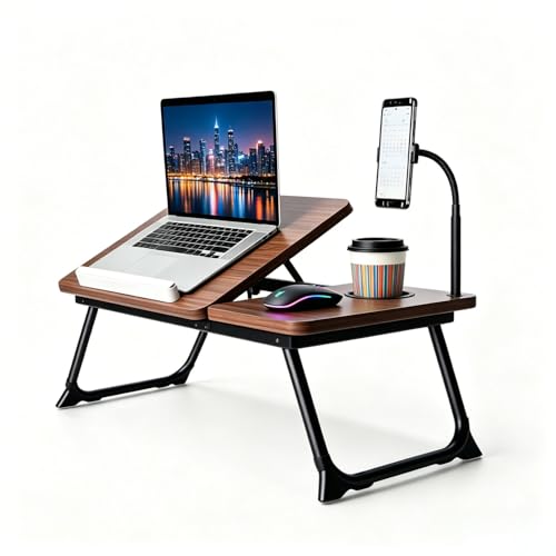 Foldable Lap Desk for Bed and Sofa, Portable Laptop Desk with Gooseneck Phone Stand, Cup Holder & Mouse Pad Extension, Extra Large Bed Desk Tray fits up to 17" Laptops (Walnut) - color: Walnut