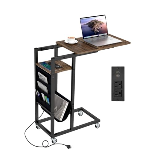 GIANTEX 27" C Shaped End Table w/Charging Station, Rolling Wheels | Slide Under Couch, Outlets & USB Port, Side Table Nightstand Small Laptop Sofa TV Tray C Table for Living Room, Rustic Brown
