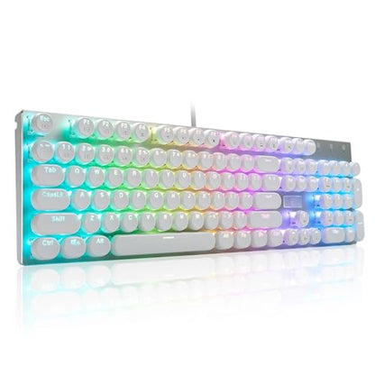 HUO JI E-Yooso Z-88 Wired Typewriter Style Mechanical Keyboard, White | Programmable RGB Backlit, Clicky Blue Switches, Detachable USB-C Cable, Metal Panel, 104 Double-Shot Keycaps for PC Gaming