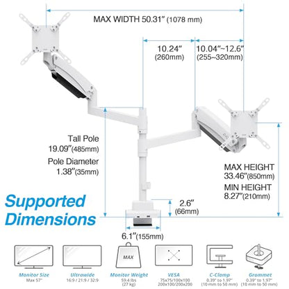 AVLT Dual Monitor Arm 57" Pole Top Mount with USB-C & A – White | Heavy-duty Stacking arm; Height Adjustable; Top C-clamp/Grommet w/ Reinforcement Plates; VESA 200/100/75mm. - color: White
