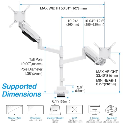 AVLT Dual Monitor Arm 57" Pole Top Mount with USB-C & A – White | Heavy-duty Stacking arm; Height Adjustable; Top C-clamp/Grommet w/ Reinforcement Plates; VESA 200/100/75mm. - color: White
