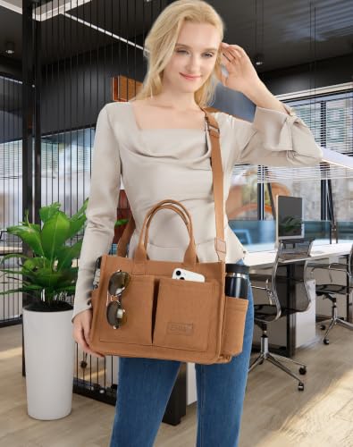 Canvas Tote Bag for Women,Women's Bags Crossbody Bags Work Laptop Tote Bag Large Handbags Purse for Travel Nurse Teacher - color: New Upgrade Brown With Compartments and Side Cup Holders