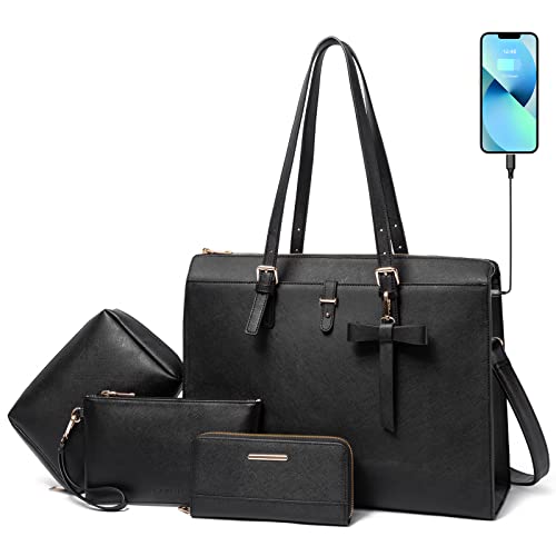 Keyli 4pc Sets Laptop Bag for Women Large Leather Laptop Briefcase with USB Charging Port Computer Shoulder tote Bags Purse - color: Black