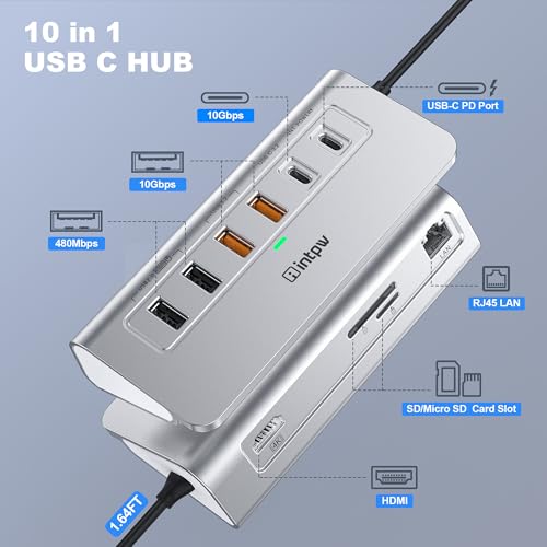 10-in-1 USB C Hub with Ethernet, 4K@60Hz HDMI, 10Gbps USB-C/USB-A, PD 100W, SD/TF, P9R PRO Docking Station for MacBook Pro/Air M1-M5, iPhone 17/16/15, iPad Pro, Windows - color: Silver Grey, size: 1.64ft
