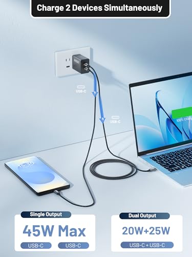 45W Dual USB C Wall Charger, Foldable GaN Fast PD PPS Power Adapter | Compact Travel Design, Charge 2 Devices Simultaneously, Built-in Safety Protection, Universal USB-C Compatibility - color: 45W Black