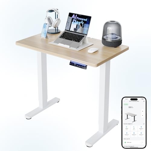 HUANUO One-Piece AI-Powered Electric Standing Desk, Smart APP, Work with Alexa & Google, Adjustable Height, 3 Memory Settings, Sedentary Reminder, Ergonomic Sit-Stand Desk, 32-inch, Light Walnut - color: Natural, size: AI-32" X 20"