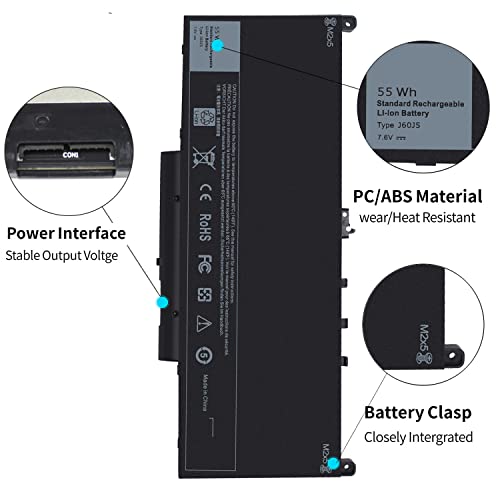 55Wh J60J5 7.6V 7470 7270 Laptop Battery for Dell Latitude E7470 E7270 451-BBSY 451-BBSX 451-BBSU WYWJ2 R1V85 MC34Y 242WD PDNM2 1W2Y2 GG4FM F1KTM NJJ2H 5F08V P61G001 P26S001 J6OJ5 - size: 9.35 x 4 x 0.25 inches J60J5 BATTERY