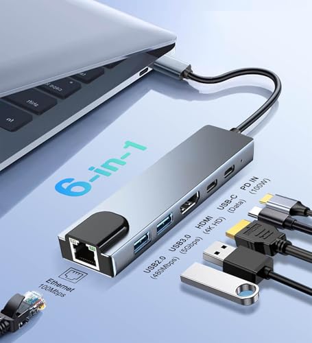 6 in 1 Type C to HDTV Adapter, USB C Hub with LAN Port, 4K HDMI Output USB C Adapter Compatible with MacBook Series, Chromebook, Laptop, Mouse, Keyboard, Flash Drive, Hard Disk