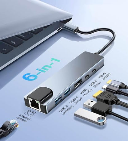 6 in 1 Type C to HDTV Adapter, USB C Hub with LAN Port, 4K HDMI Output USB C Adapter Compatible with MacBook Series, Chromebook, Laptop, Mouse, Keyboard, Flash Drive, Hard Disk