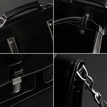Time Resistance Leather Briefcase – Italian Handmade Leather Laptop Bag – Briefcase Convertible into Backpack - color: Black