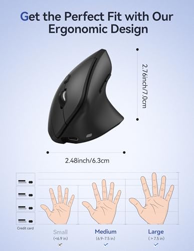 TECKNET Wireless Vertical Mouse, 2.4G+2*BT Rechargeable Bluetooth Mice | 4800DPI, Ergonomic Design for Carpal Tunnel Right Hand, 3-Device Connectivity for Laptop, PC, MacBook, Windows, MacOS, Black