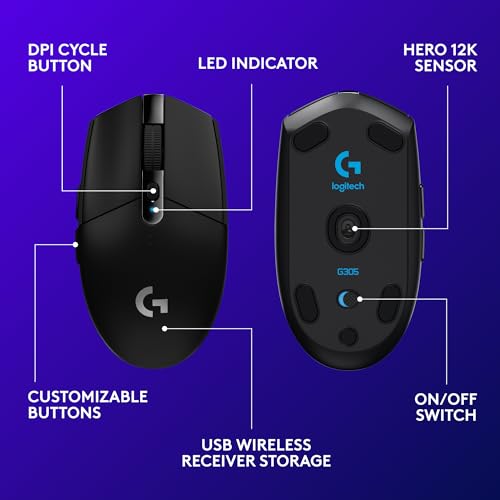 Logitech G305 Lightspeed Wireless Gaming Mouse, Hero Sensor, 12,000 DPI, Lightweight, 6 Programmable Buttons, 250h Battery, On-Board Memory, Compatible with PC, Mac - Black | Hero Sensor 12, Lightspeed 1ms Wireless, Up to 250h on 1xaa, 6 Programmable Butt