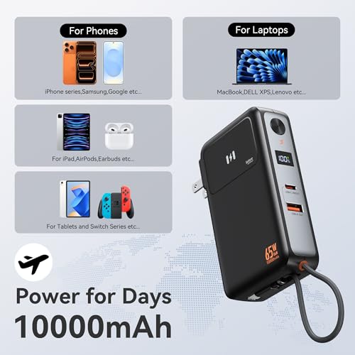 Portable Charger Wall Plug 65W for Laptop, 10000mAh Power Bank Built in Cable, USB-C Phone Battery Pack 35W Fast Charging, Travel Essentials Compatible with iPhone 17 16 15 Samsung iPad MacBook Pro