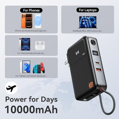 Portable Charger Wall Plug 65W for Laptop, 10000mAh Power Bank Built in Cable, USB-C Phone Battery Pack 35W Fast Charging, Travel Essentials Compatible with iPhone 17 16 15 Samsung iPad MacBook Pro