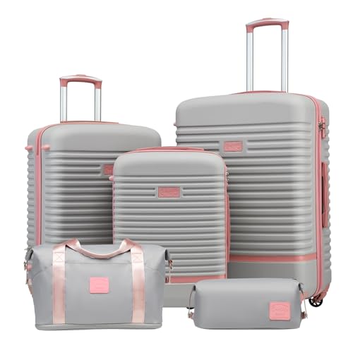 Coolife Suitcase Set 3 Piece Luggage Set Carry On Travel Luggage TSA Lock Spinner Wheels Hardshell Lightweight Luggage Set(Gray+Pink, 5 piece set) - color: Gray+Pink, size: 5 piece set
