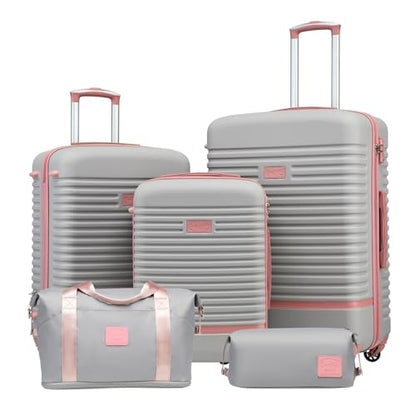 Coolife Suitcase Set 3 Piece Luggage Set Carry On Travel Luggage TSA Lock Spinner Wheels Hardshell Lightweight Luggage Set(Gray+Pink, 5 piece set) - color: Gray+Pink, size: 5 piece set