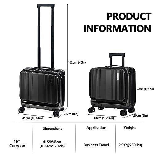 TydeCkare 16" Carry on Luggage with 2 Laptop Compartments, Lightweight Hardshell ABS+PC Suitcase with Dual Control TSA Lock, with YKK Zipper, 4 Spinner Silent Wheels, for Business Travel, Black - color: Black