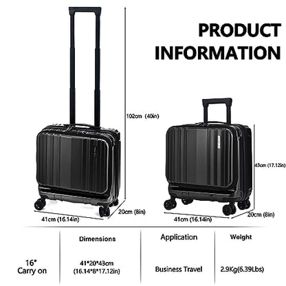 TydeCkare 16" Carry on Luggage with 2 Laptop Compartments, Lightweight Hardshell ABS+PC Suitcase with Dual Control TSA Lock, with YKK Zipper, 4 Spinner Silent Wheels, for Business Travel, Black - color: Black