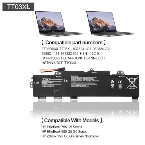 TT03XL 932824-421 Battery Fit for HP EliteBook 755 G5 850 G5 850 G6 ZBook 15U G5 G6 HSTNN-LB8H HSTNN-DB8K TT03XL-BTI TT03056XL-PL HSN-I13C-5 932824-1C1 932824-2C1 933322-855 11.55V 56WH - color: 56WH TT03XL battery