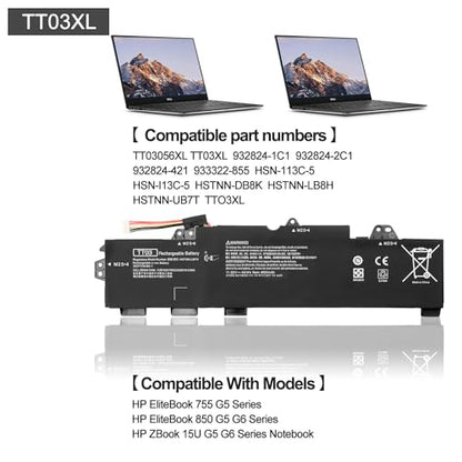 TT03XL 932824-421 Battery Fit for HP EliteBook 755 G5 850 G5 850 G6 ZBook 15U G5 G6 HSTNN-LB8H HSTNN-DB8K TT03XL-BTI TT03056XL-PL HSN-I13C-5 932824-1C1 932824-2C1 933322-855 11.55V 56WH - color: 56WH TT03XL battery