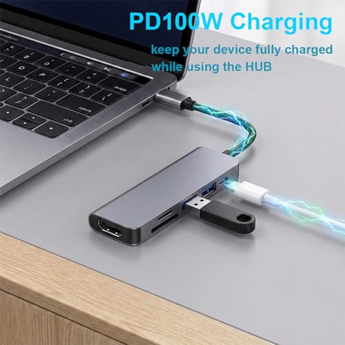 USB C Hub 6 in 1 with HDMI(4K@30Hz), USB-C to HDMI Adapter 100W Power Delivery, USB 3.0, USB 2.0, SD/TF Card Reader Compatible with iPhone 15/16, MacBook, iPad Pro, Samsung Galaxy S8, Dell XPS
