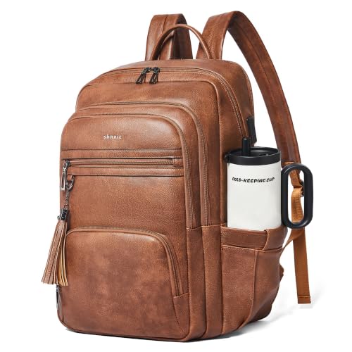 Shrrie 17 Inch Laptop Backpack for Women,Vegan Leather Backpack Purse,28L Work Business College Travel Computer Backpacks with Pouch Pocket for Large Capacity Cup & USB Charger,Caramel Brown - color: Caramel Brown