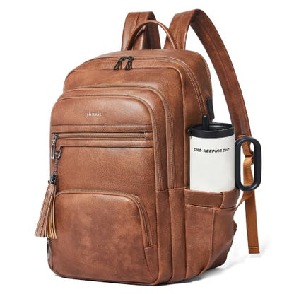 Shrrie 17 Inch Laptop Backpack for Women,Vegan Leather Backpack Purse,28L Work Business College Travel Computer Backpacks with Pouch Pocket for Large Capacity Cup & USB Charger,Caramel Brown - color: Caramel Brown