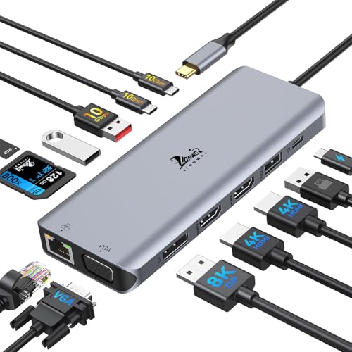USB C Docking Station 4 Monitors, LIONWEI 13-in-1 USB C Hub for Laptop Mac | Triple 4K, Dual HDMI+DP+VGA, 10Gbps, 100W PD, Ethernet, SD/TF, 6 USB C/A Ports, USB C Dock for MacBook/Dell/HP/Lenovo/Surface - color: 13-in-1 (4 Monitor)