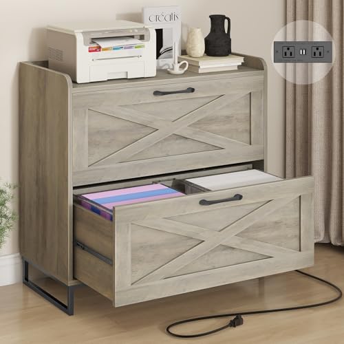 Halitaa 2 Drawer Lateral File Cabinet with Charging Station, Washed Gray | Filing Cabinet for Letter/Legal/A4 Size Hanging Files, Large Wood File Storage Cabinet Printer Stand - color: Washed Gray