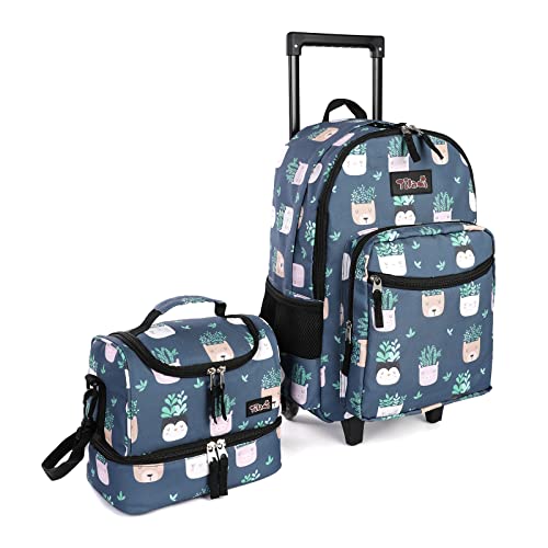 Tilami Rolling Backpack 18 inch Double Handle with Lunch Bag Wheeled Kids Backpack for Girls and Boys, Plants Blue - color: Plants Blue
