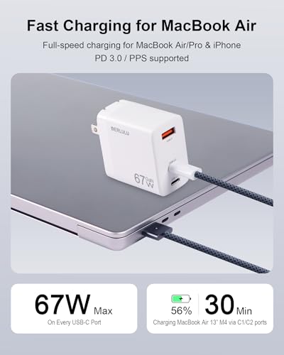 DERLULU 67W USB-C Charger for MacBook Air 13/15", GaN Fast Charging Adapter with Magnetic Cable 5ft (1.5m), 2C1A Compact for MacBook, iPad, iPhone