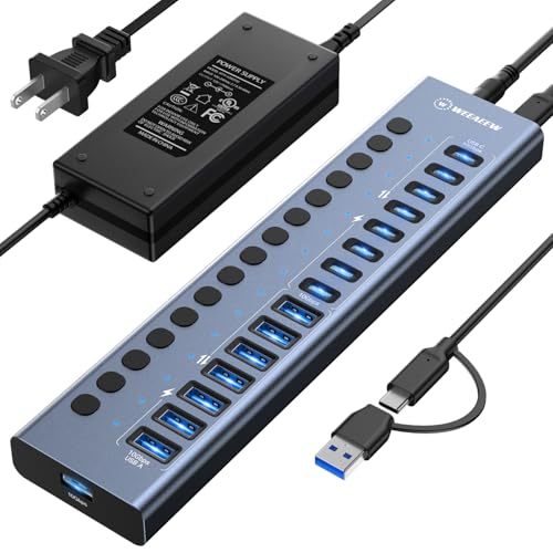 Powered USB 3.2 Hub, 16 Ports Powered USB Hub with 10Gbps Data Speed, USB Hub (8 USB-A 3.2 Ports+8 USB-C 3.2 Ports) with 96W Power Adapter for PC/Laptop, Computer, Flash Drive, Printer, Camera